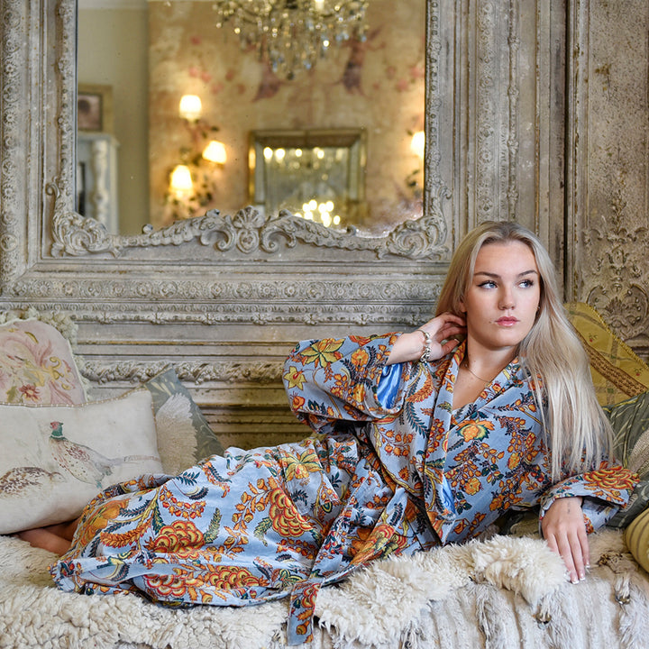 Velvet Grey, Coral & Mustard or Hot Pink Bird Print Dressing Gown With Satin Lining