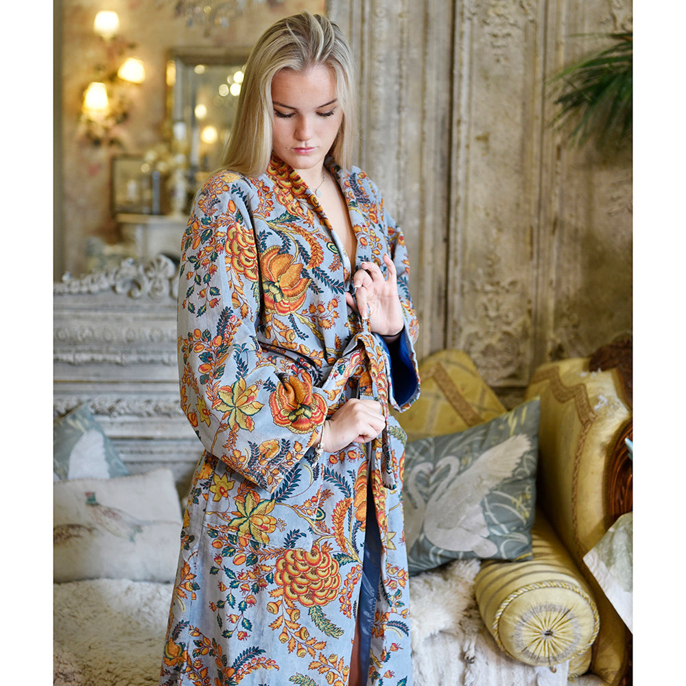 Velvet Grey, Coral & Mustard or Hot Pink Bird Print Dressing Gown With Satin Lining