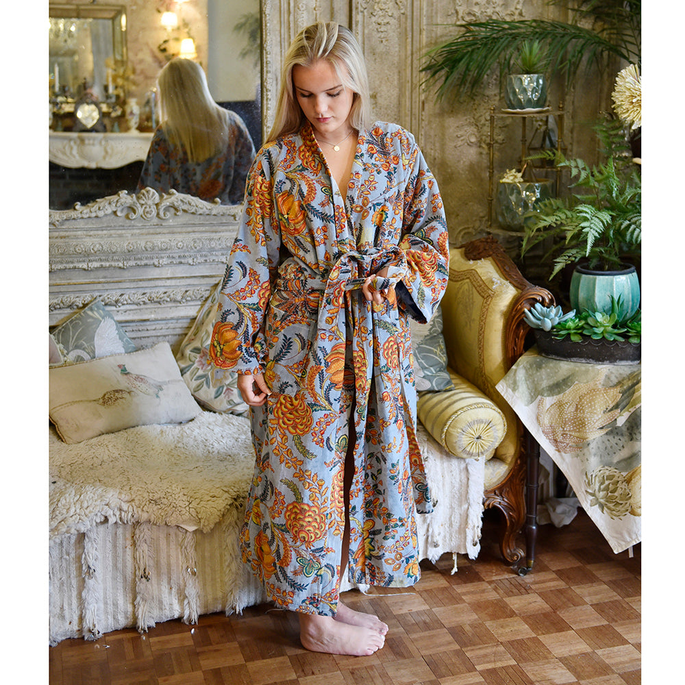 Velvet Grey, Coral & Mustard or Hot Pink Bird Print Dressing Gown With Satin Lining