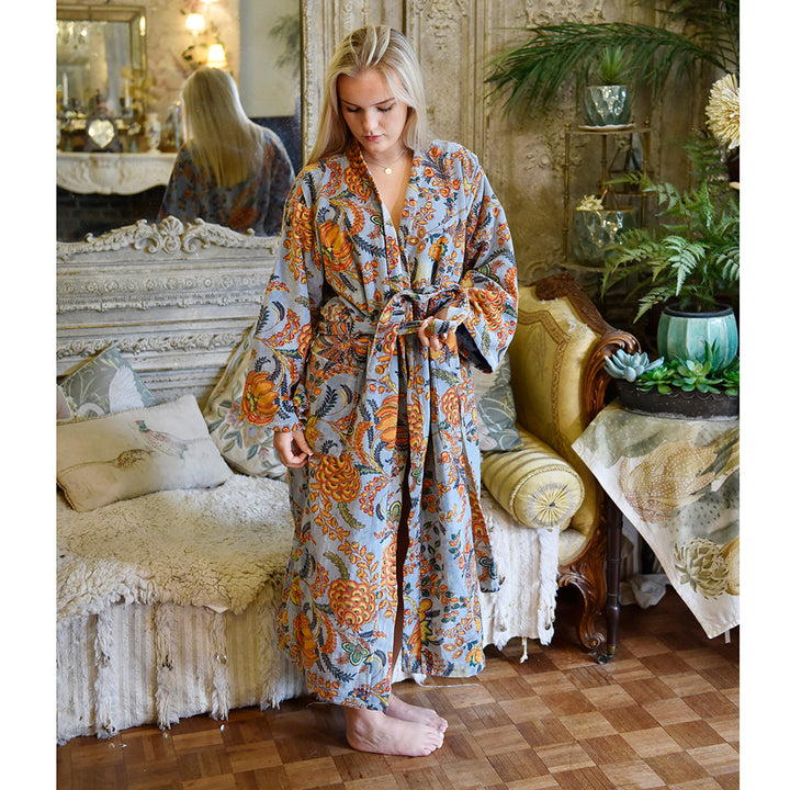 Velvet Grey, Coral & Mustard or Hot Pink Bird Print Dressing Gown With Satin Lining