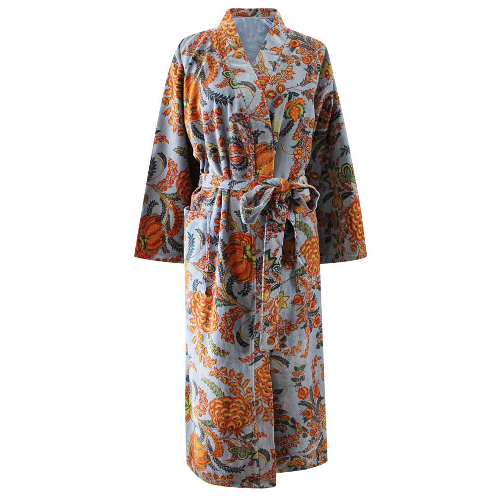 Velvet Grey, Coral & Mustard or Hot Pink Bird Print Dressing Gown With Satin Lining