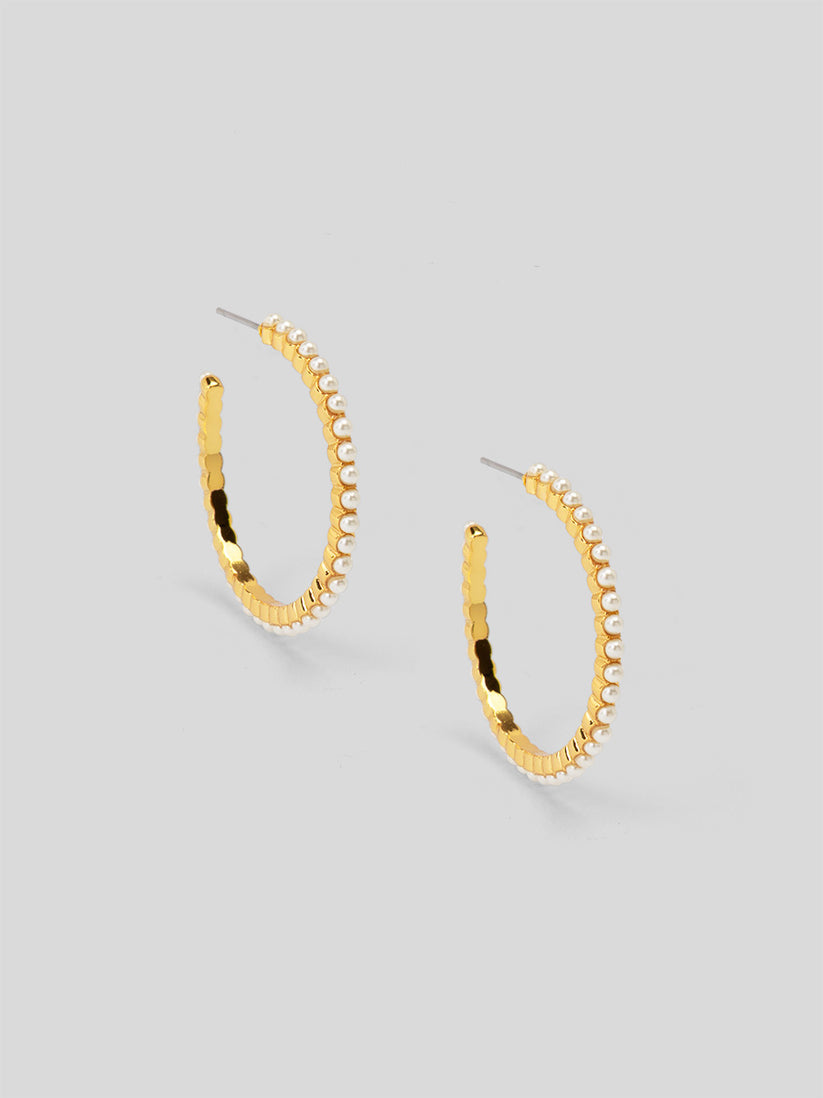 Small Pearl-Inset Hammered Hoop Earring