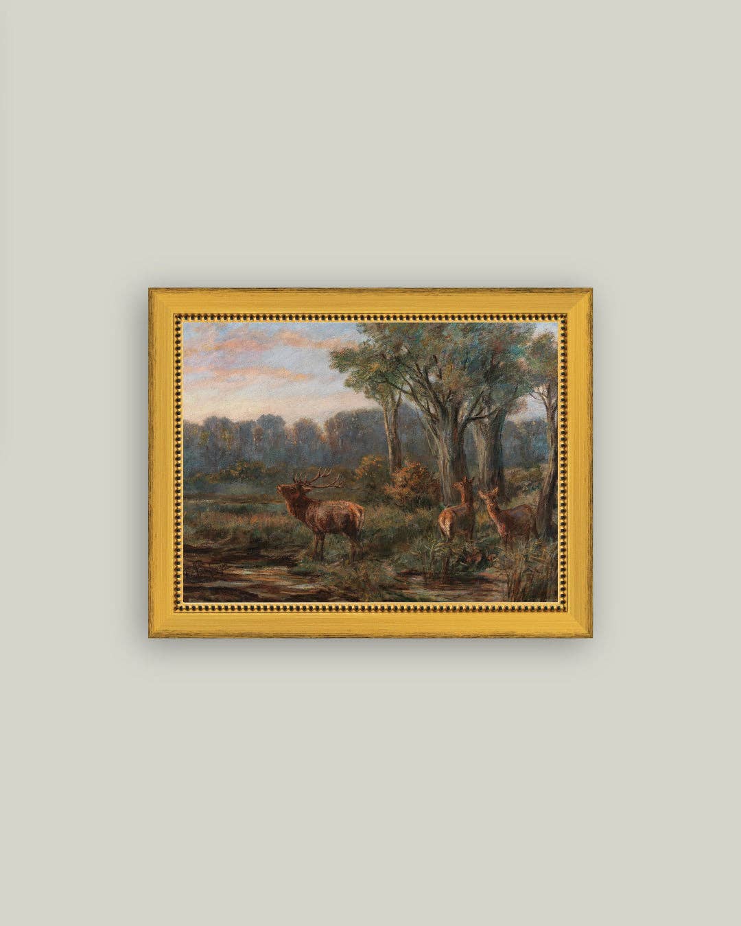 Petal Lane Home - Deer in Glade Framed Antique Art: 21x17