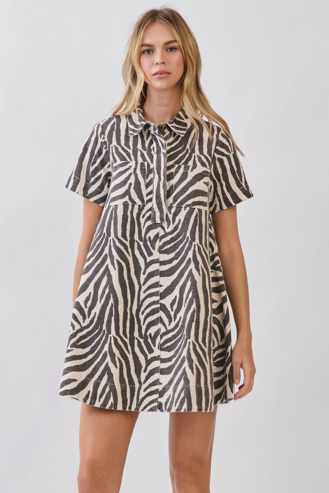 Zebra Print Button Down Collared Mini Dress: CREAM / M