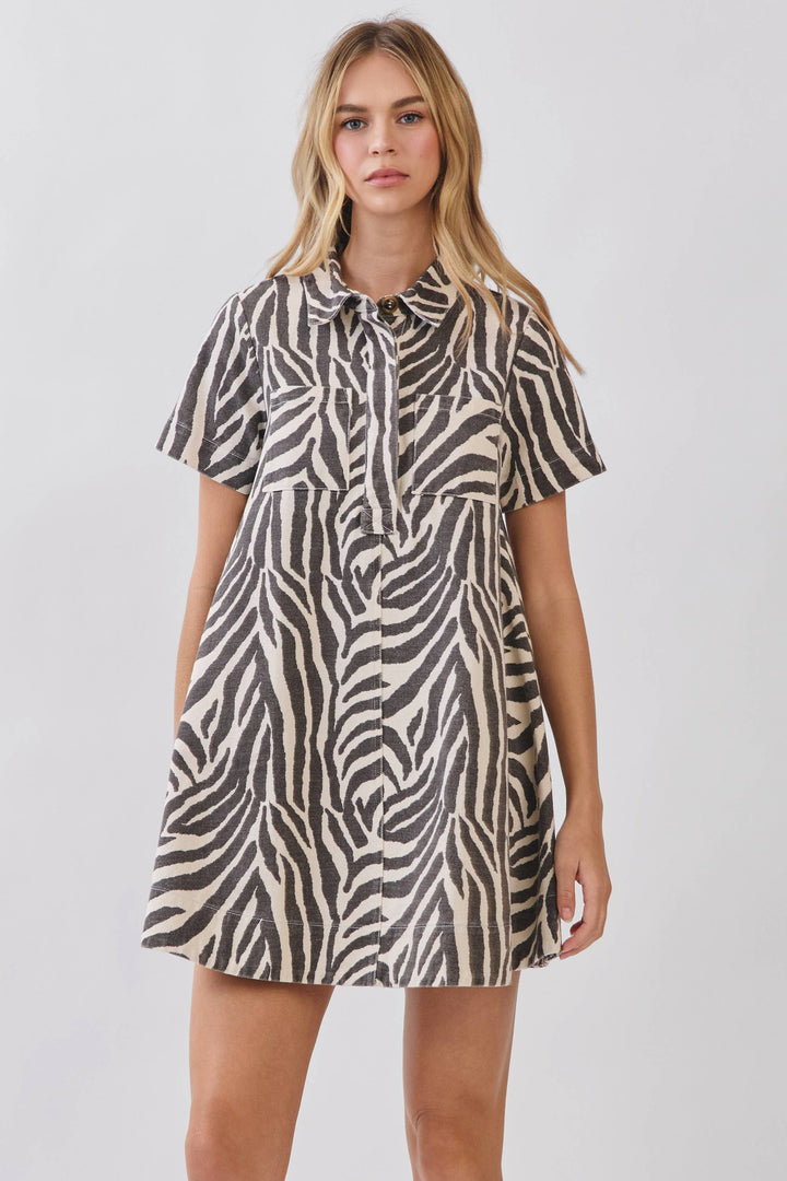 Zebra Print Button Down Collared Mini Dress: CREAM / M