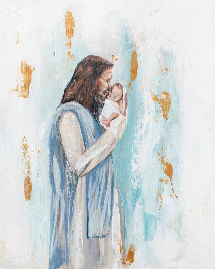 Mackenzie Kissell Art - Jesus and Baby 'I Knew You' in Acrylic Gold Frame 4x6: Pink/Blue Mixed