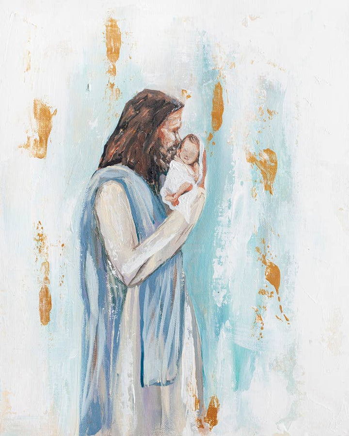 Mackenzie Kissell Art - Jesus and Baby 'I Knew You' in Acrylic Gold Frame 4x6: Pink/Blue Mixed