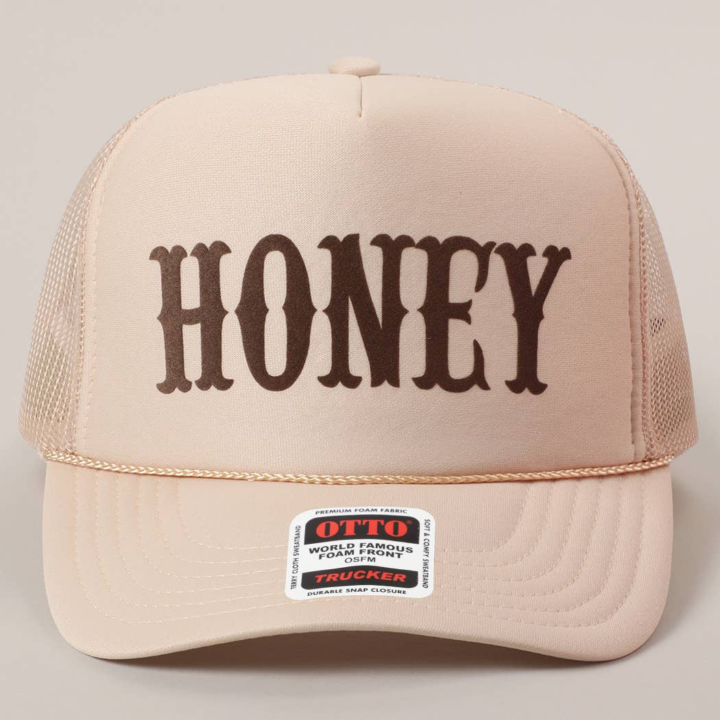 Fashion City - HONEY Text Logo Printed Mesh Back Trucker Hat: White / ONE SIZE