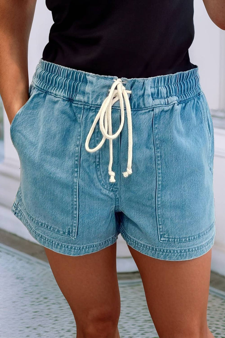 Contrast Drawstring Elastic Waist Denim Shorts: Beau Blue / 10