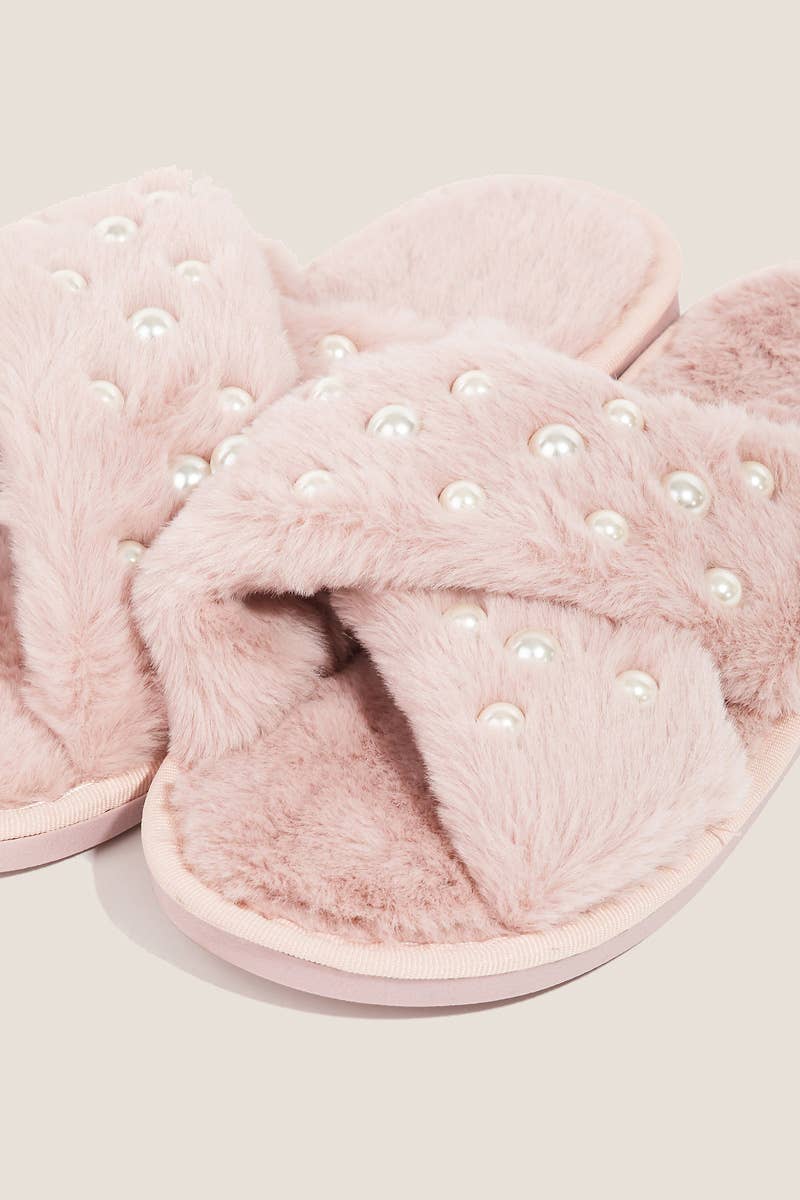 Anarchy Street - Fuzzy Pearl Faux Fur Slippers: PKM