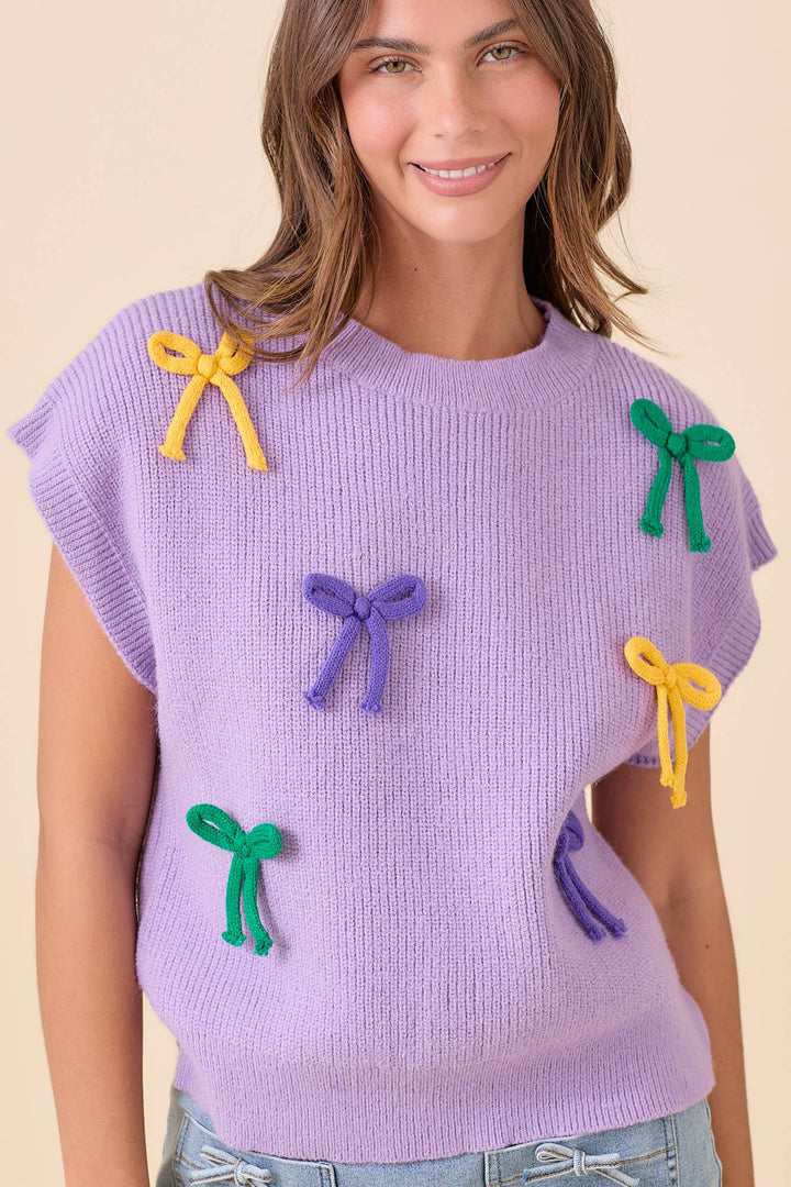 Main Strip - Mardi Gras Ribbon Bow Knit Top: PURPLE / M