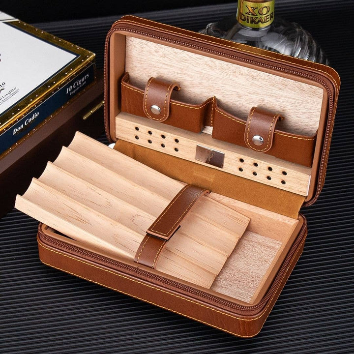 Fluid And Fire - Dominus 4-Slot Leather Travel Case – Torch, Cutter & Humidity Chamber: Maroon Case + Yellow Torch + Cutter