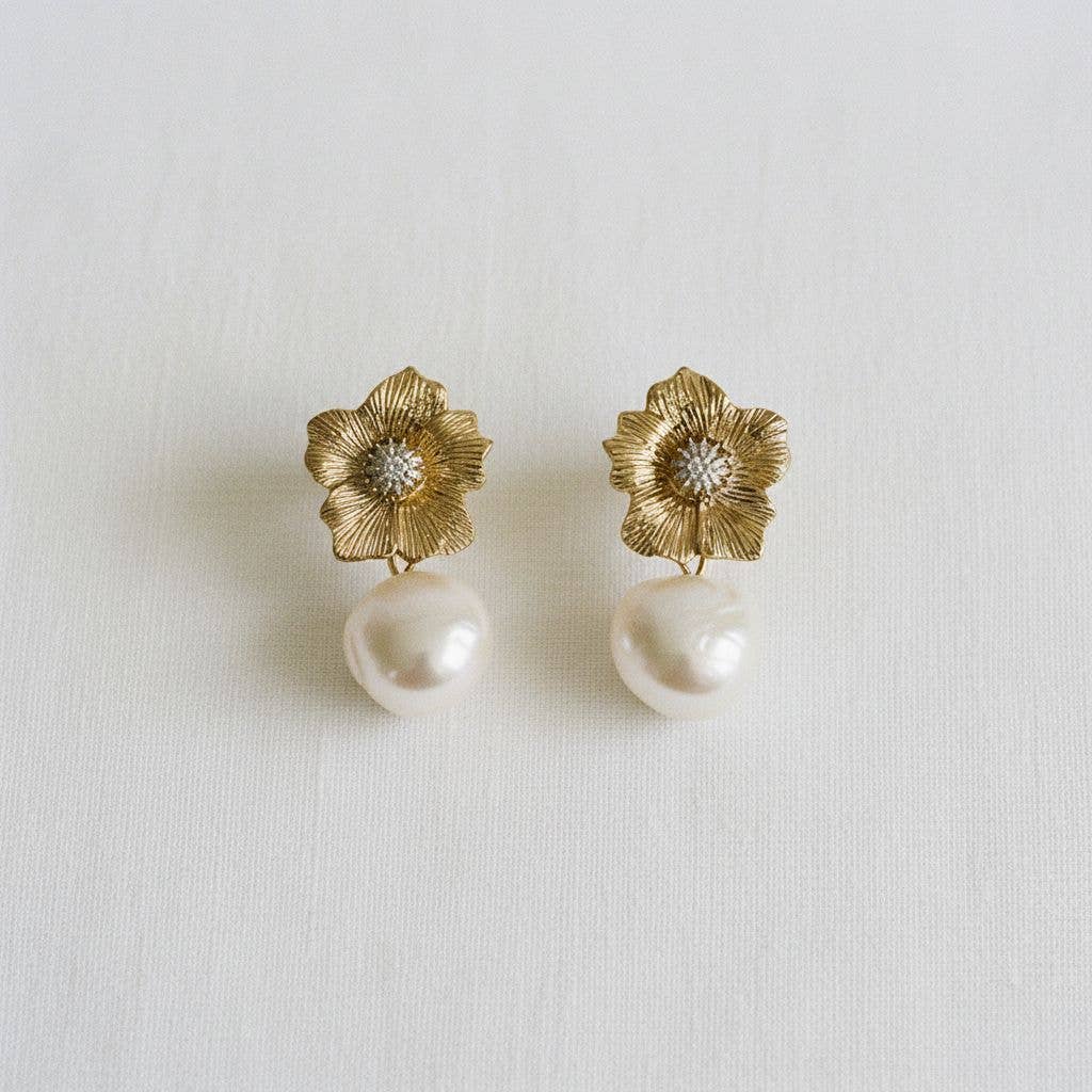Ellemadera - Baroque-Inspired Floral Pearl Drop Earrings