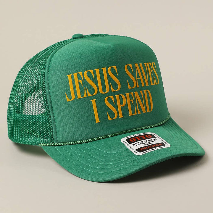 Fashion City - JESUS SAVES I SPEND Text Mesh Back Trucker Hat: NEON PINK / ONE SIZE