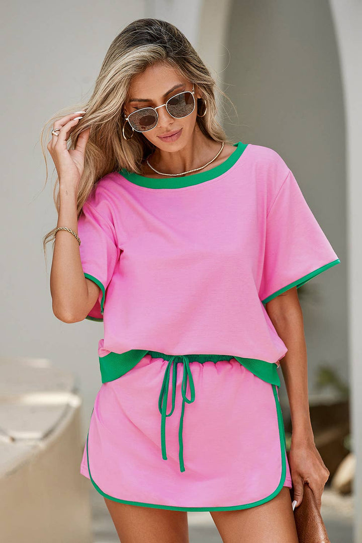 Colorblock Edge Drop Shoulder T Shirt and Skirt 2Pcs Set: Black / M