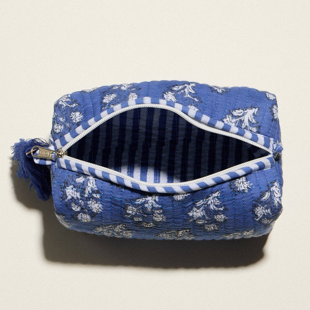 Frem - Blue Quilted Floral Cosmetic Pouch | Zipper Makeup Bag with Tassel: BL / ONE