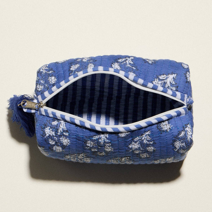 Frem - Blue Quilted Floral Cosmetic Pouch | Zipper Makeup Bag with Tassel: BL / ONE