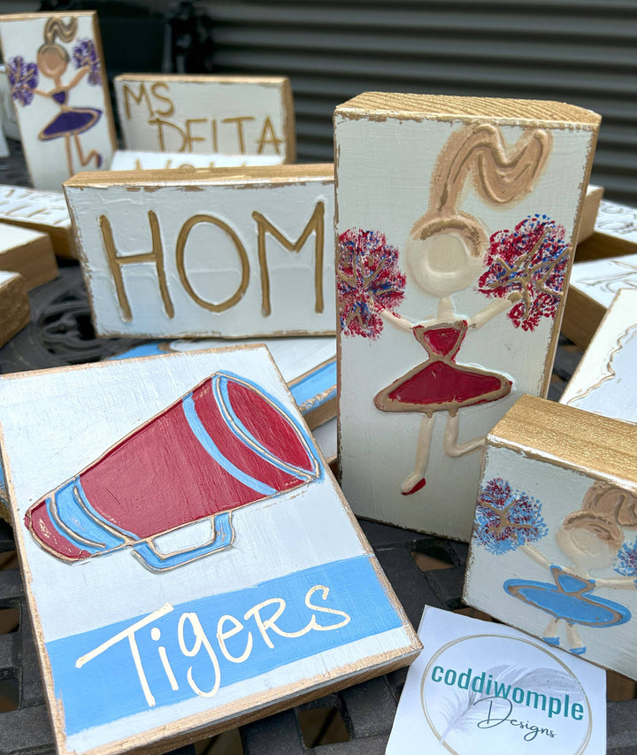 Coddiwomple - Cheer megaphone custom art - w/ school hometown city team: 5x7 Wood panel w/ rope