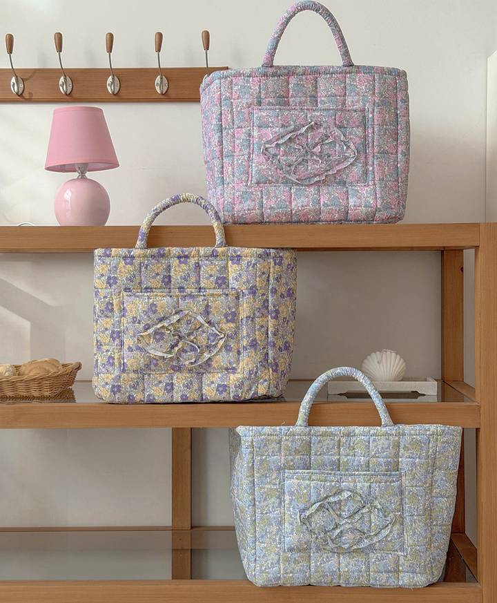 MKS America - Quilted Floral Laundry Basket Foldable Storage Basket: Blue / M