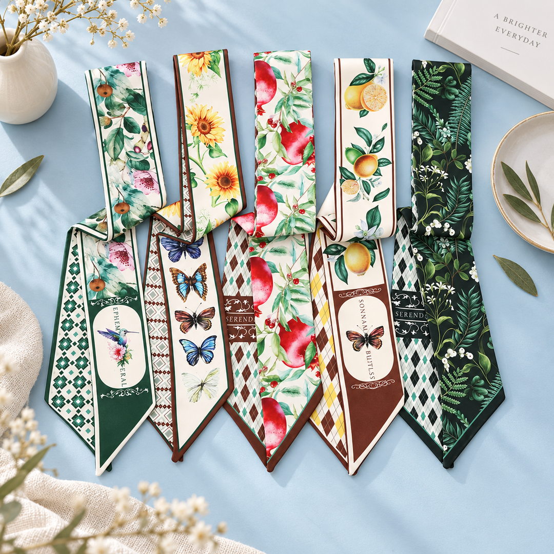 ACCITY - Fruit Print Twilly Scarf – Hair Tie & Bag Ribbon_CWASC0431: Brown / (OS) 10