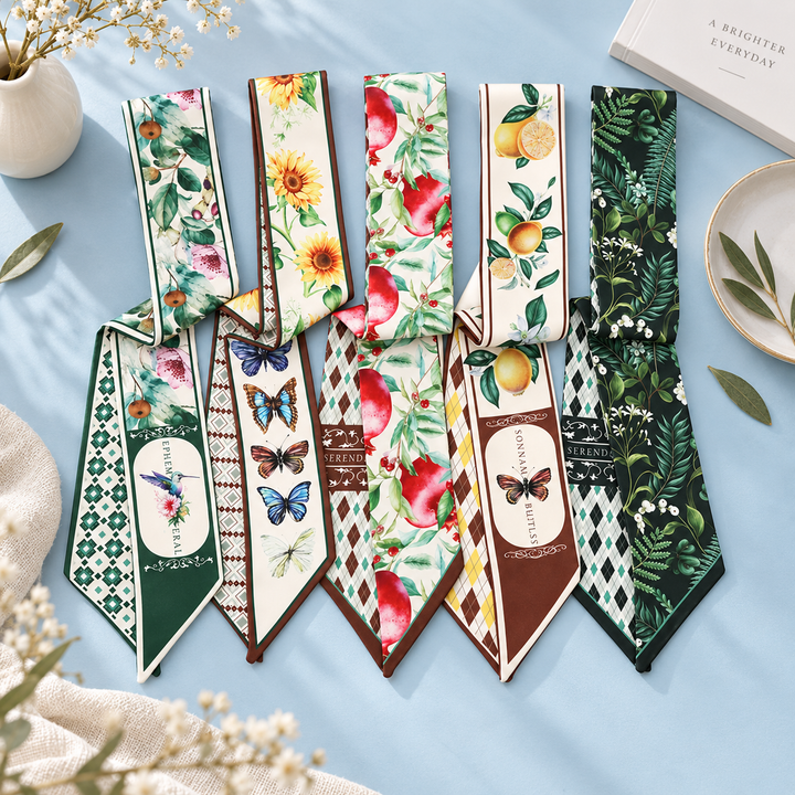 ACCITY - Fruit Print Twilly Scarf – Hair Tie & Bag Ribbon_CWASC0431: Brown / (OS) 10