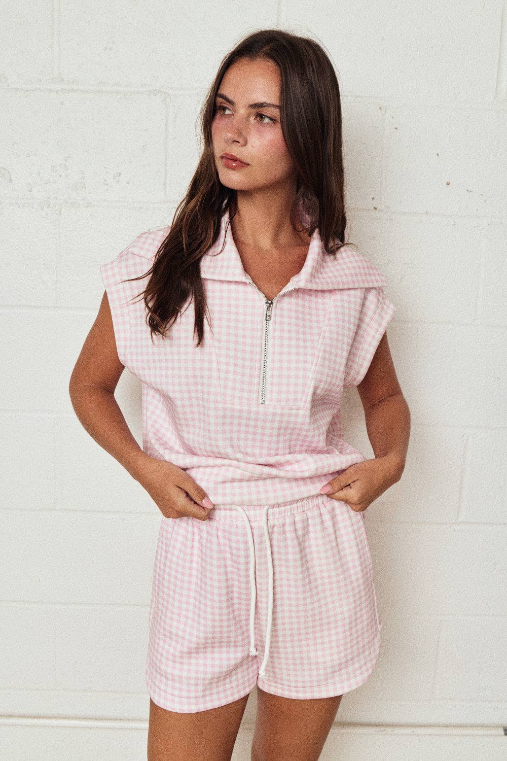 Papermoon - PX17846-3 - Gingham Zip Up Top Short Set: PINK / S-M-L (3-2-1)