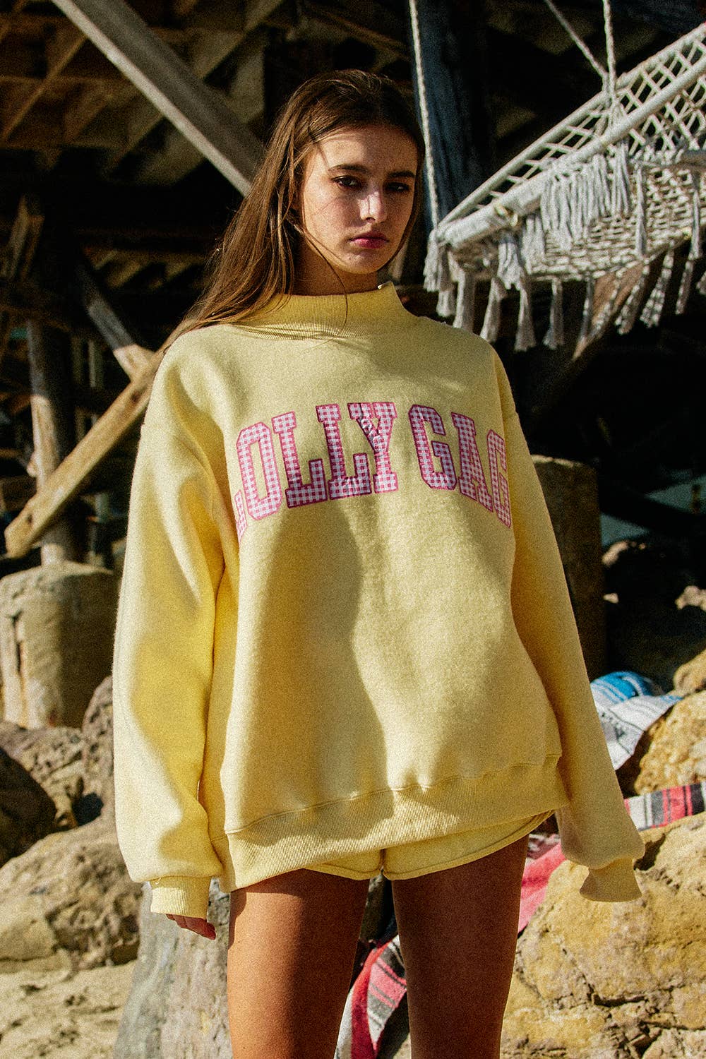 BUCKETLIST INC - IT2594-DILLYDALLY2 | Reversible Mockneck Sweatshirt: Butter Yellow / S/M-L/XL (3-3)