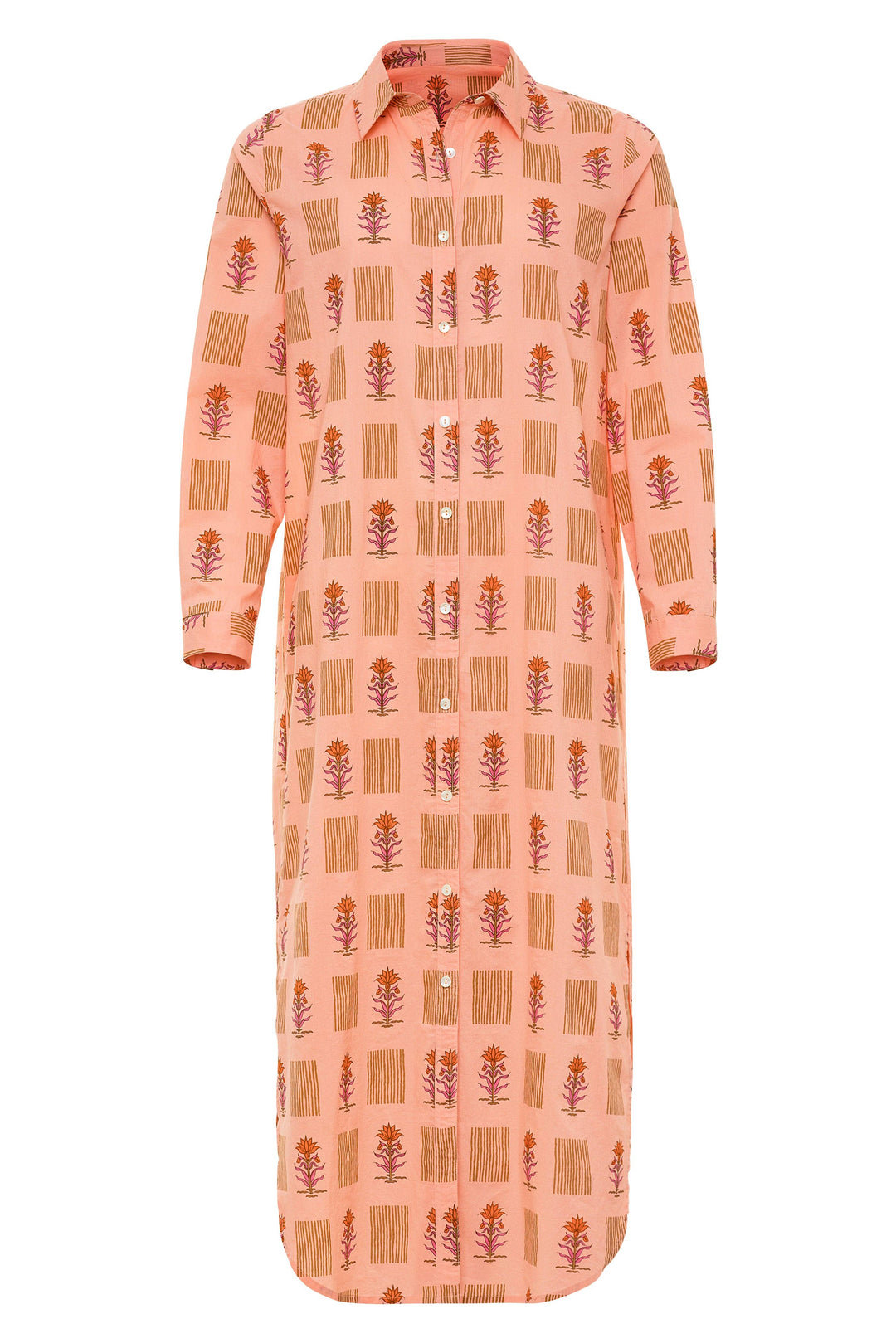 BECASA - Cotton Shirt Dress - Coral Bloom: XL