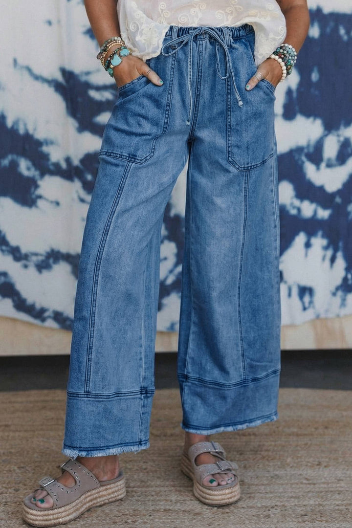 Drawstring Seam Detail Raw Hem Wide Leg Denim Pants: Beau Blue / 8