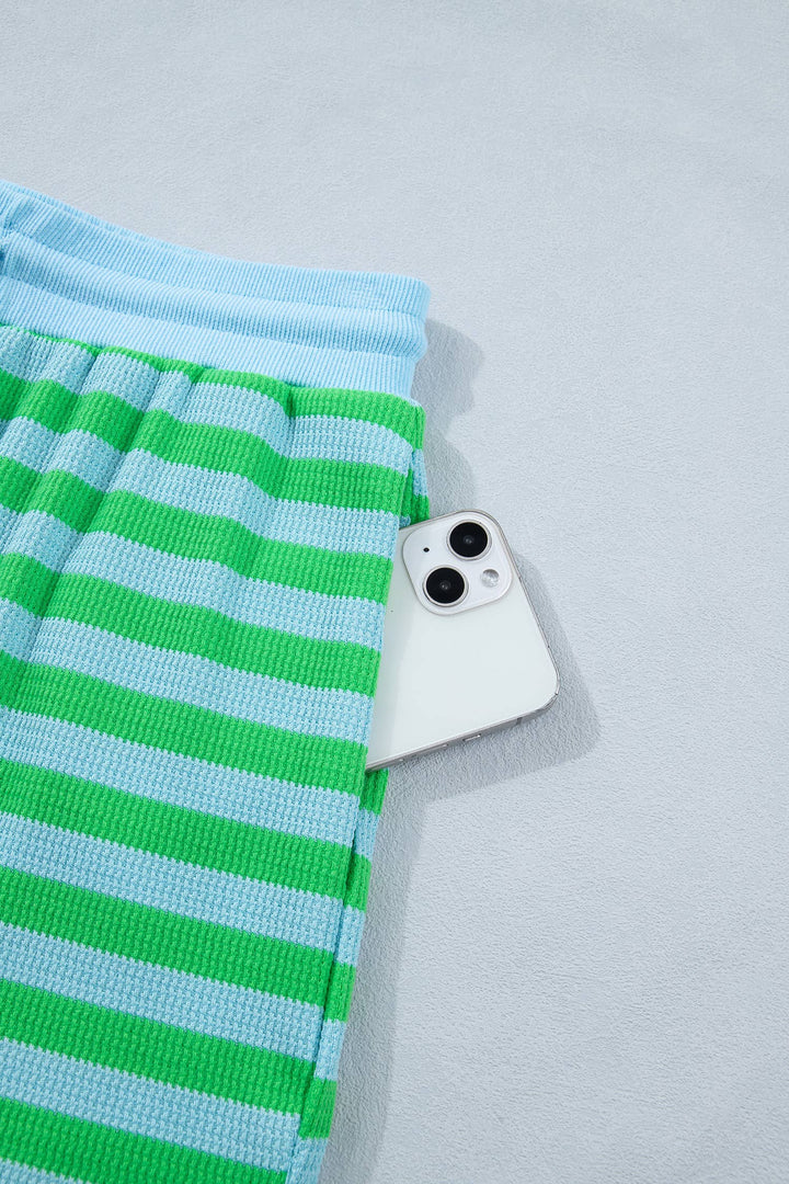 Stripe Spring Puff Sleeve Shirt Matching Shorts Set|S-4X: Green Stripe / XL