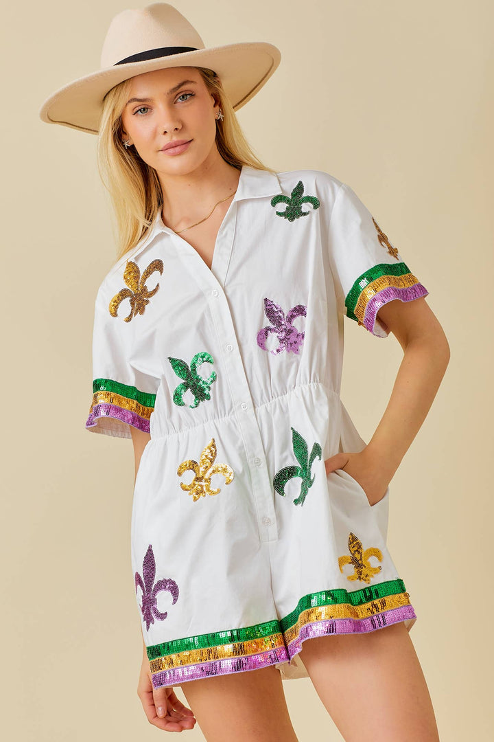 Main Strip - Mardi Gras Sequin Trim Solid Romper: WHITE / M