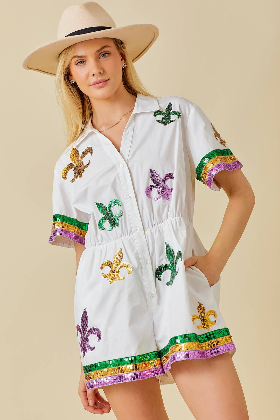 Main Strip - Mardi Gras Sequin Trim Solid Romper: WHITE / L