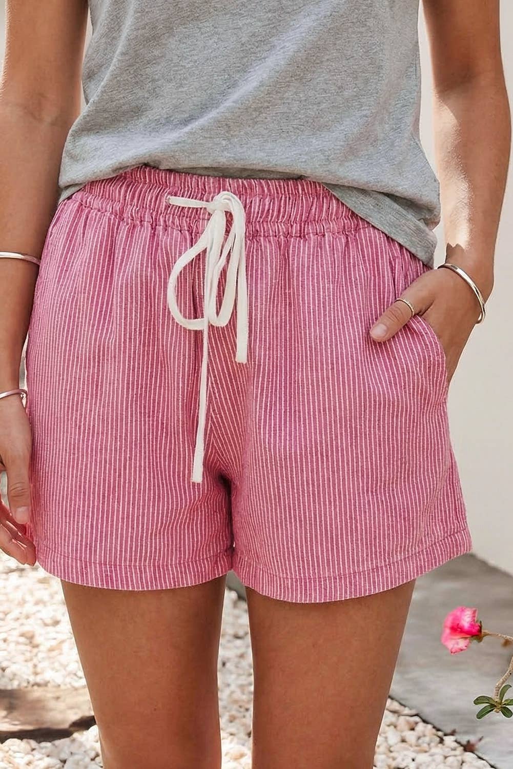 Stripe Drawstring Elastic Waist Casual Denim Shorts|S-4X: Sky Blue Stripe / M