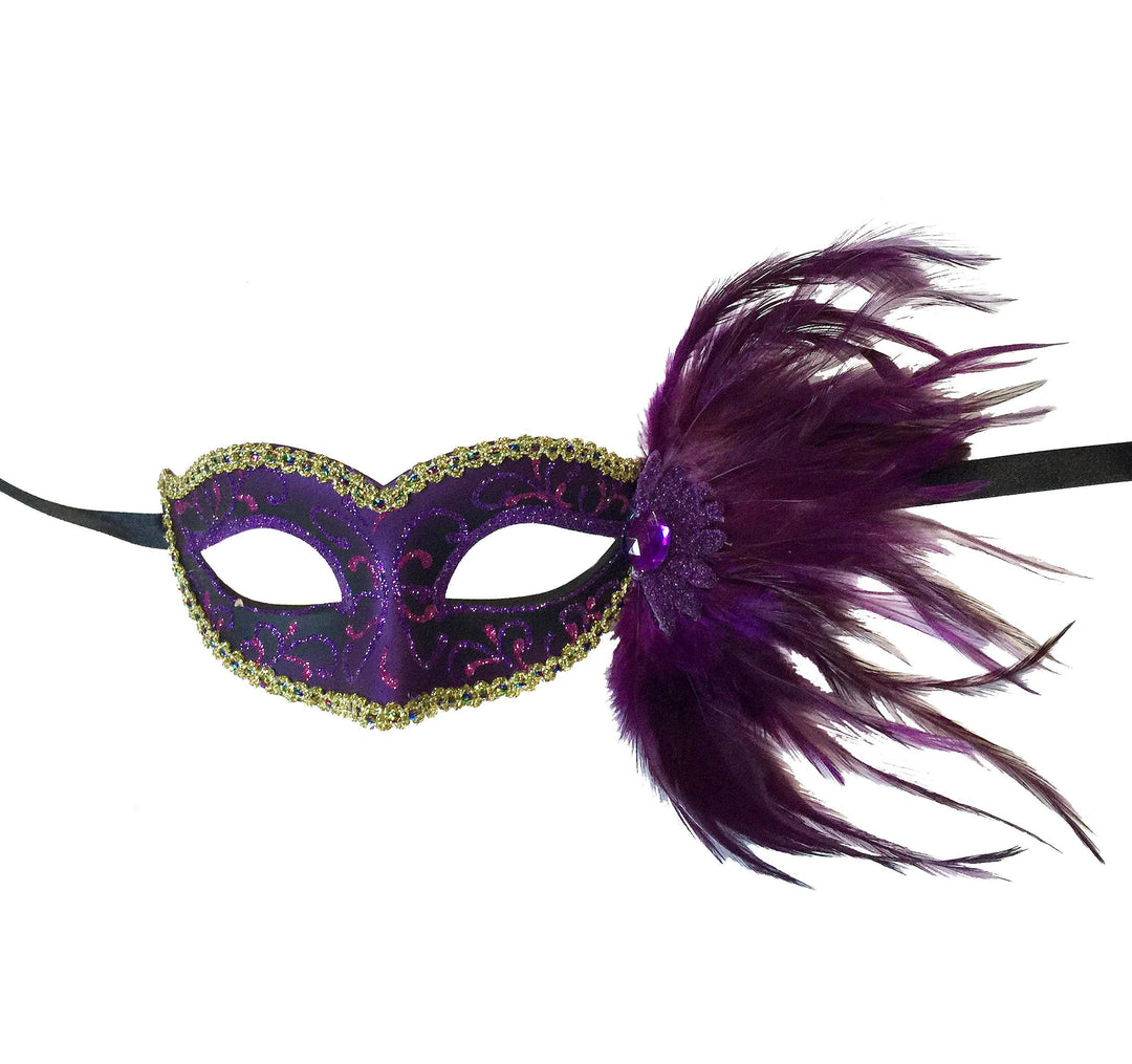 Mardi Gras Creations - Glitter Swirl Eyelet Mask With Side Feathers: Tan