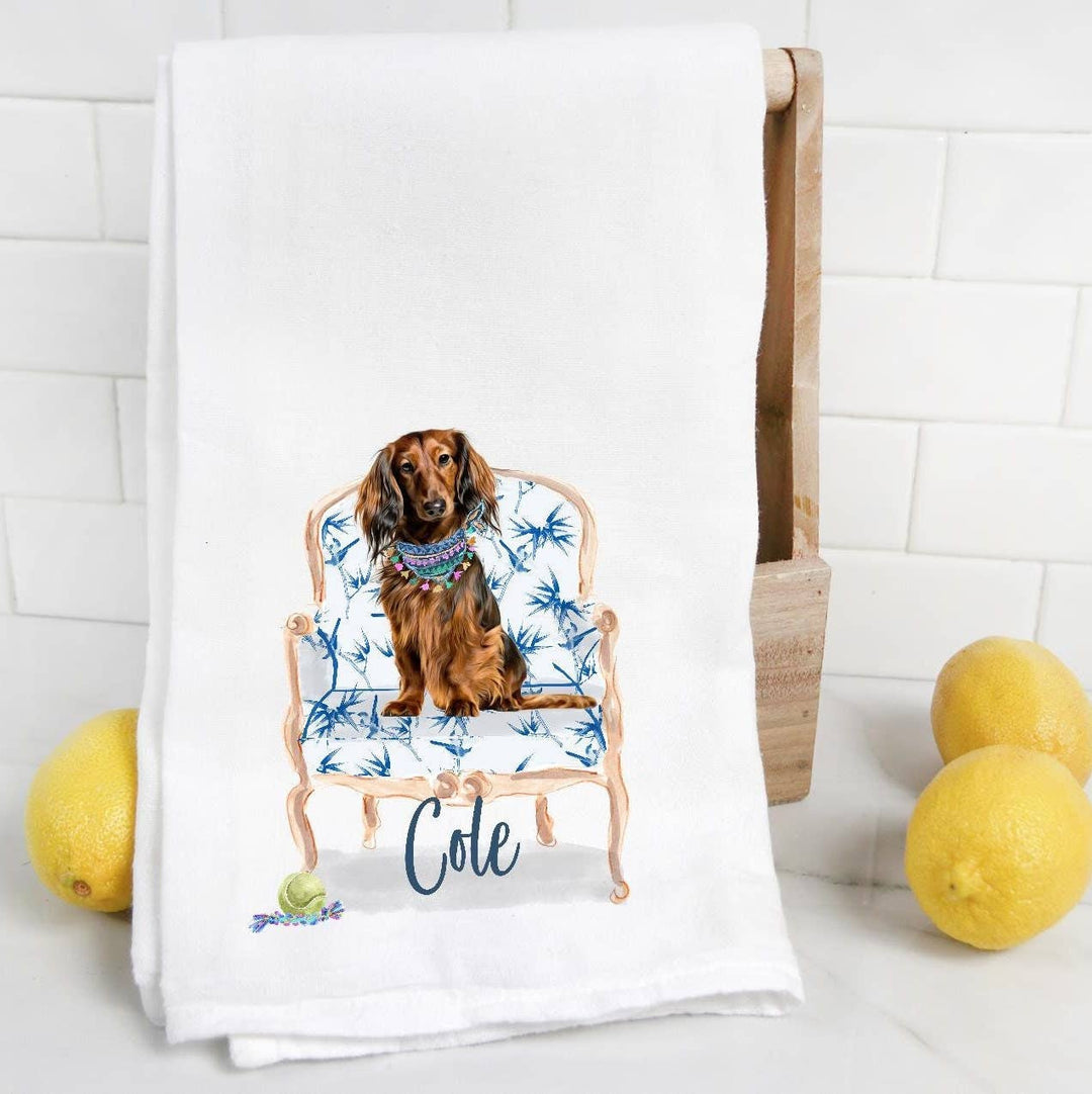 The Preppy Pineapple Home - Long Haired Dachshund Flour Sack Towel: No Accessory / Palm Chair