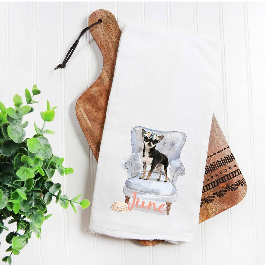 The Preppy Pineapple Home - Custom Black Chihuahua  Flour Sack Towel, Dog Mom, Dog Dad, Personalized Name, Pet Name Gift, Watercolor Pet Portrait, Floral Crown: No Accessory / Wingback Chair