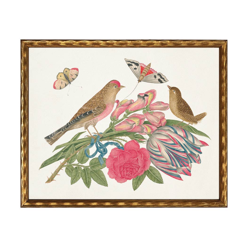 Antique Curiosities Inc - Birds, flowers and insects bookplate on a light background O: Beaded gold frame 1315-70 / 10" X 8"