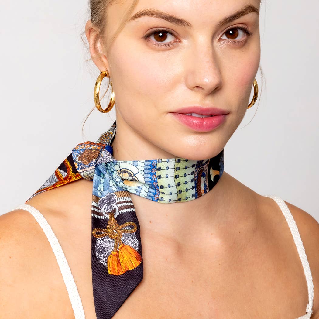 Fashion City - Tassel Pattern Print Light Weight Twilly Scarf : NVY / ONE SIZE