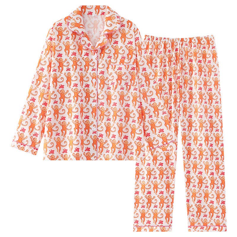 Rosa Clothing - Cute Comfy Monkey Print Long Sleeve Pajama Set: Red