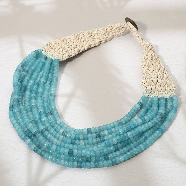 Sensibling Corp. - Woven Detail Multi Strand Beaded Collar Statement Necklace: Light Blue
