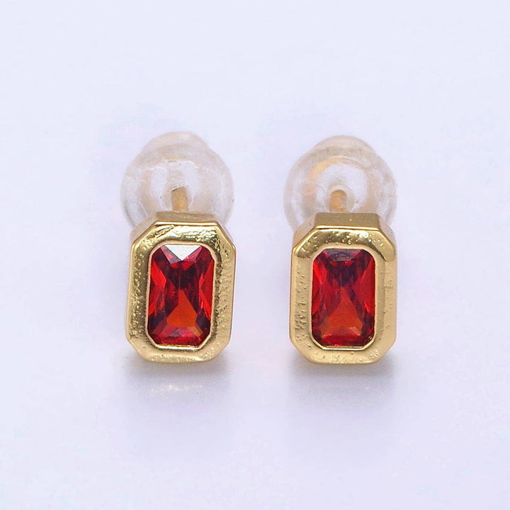 Aim Eternal - Gold Filled Colorful Multifaceted Baguette CZ Stud Earrings: Fuchsia