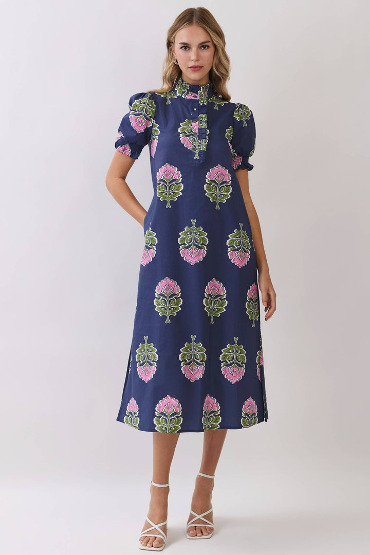 TCEC - CD06970-Floral Print Ruffle Collar Button Down Midi Dress: Green / S