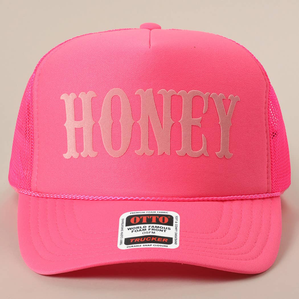 Fashion City - HONEY Text Logo Printed Mesh Back Trucker Hat: Pink / ONE SIZE
