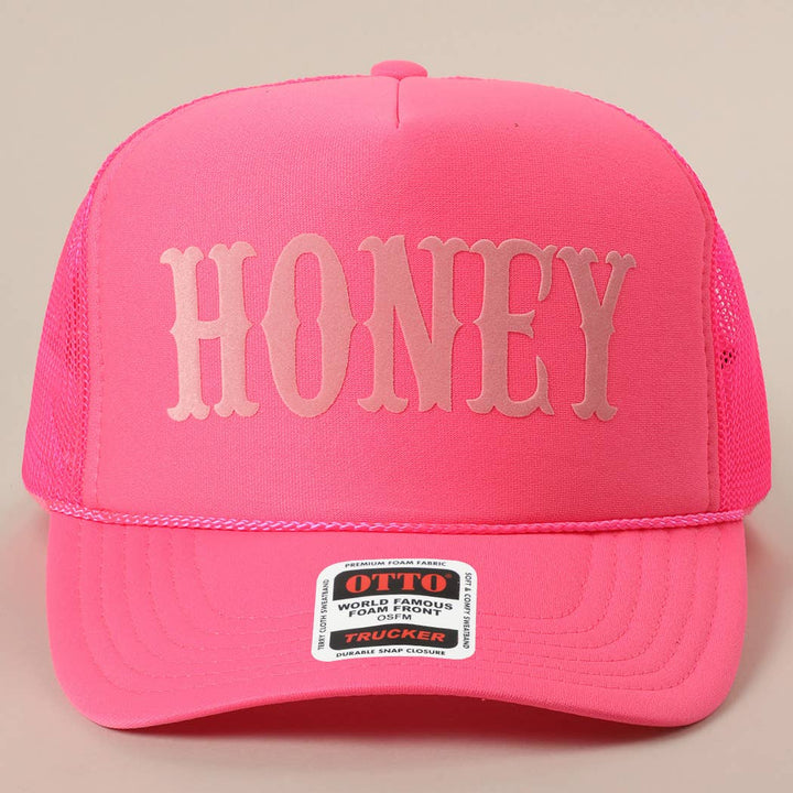 Fashion City - HONEY Text Logo Printed Mesh Back Trucker Hat: Pink / ONE SIZE