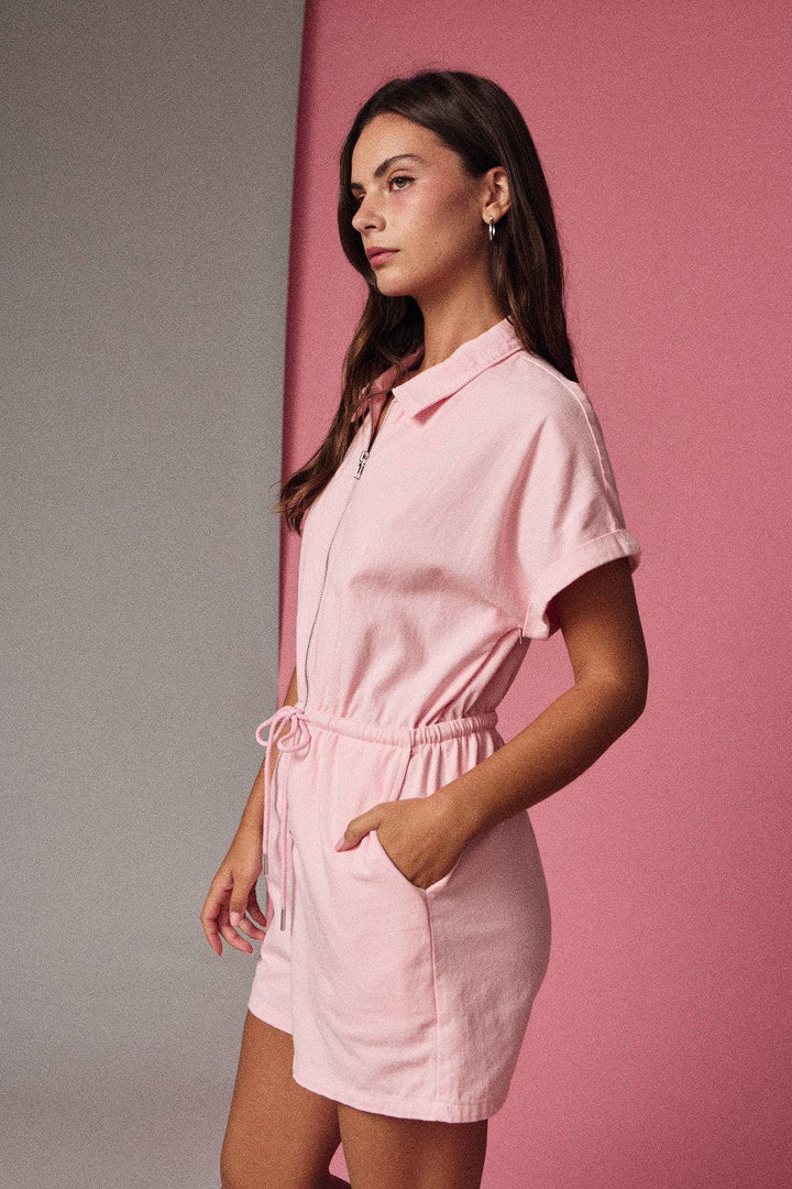 Papermoon - PR19522 - Zip Front Drawstring Romper Relaxed Fit: PINK / S-M-L (3-2-1)