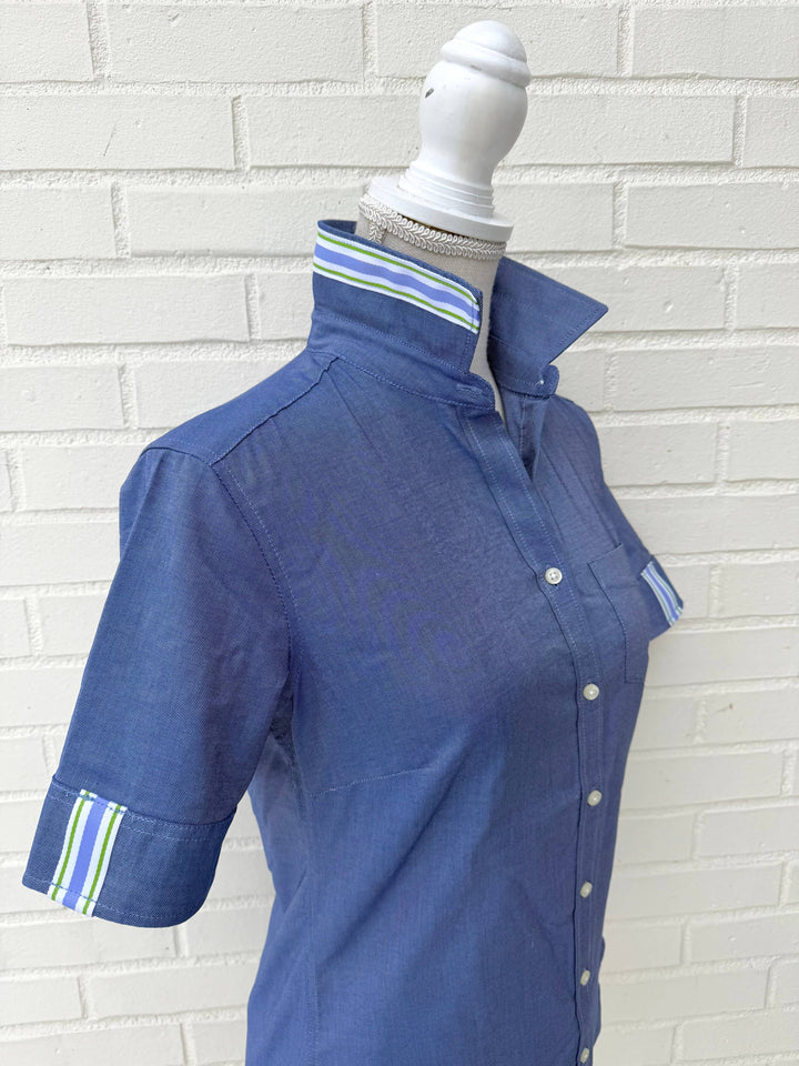 Pearly Vine - Jolene Short Sleeve Oxford - Navy w Green & Purple Stripe: Navy w Green & Purple Stripe Ribbon / S