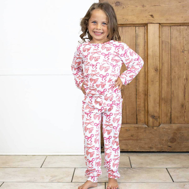 The Royal Standard - Kid's Sutton Bow Long Sleeve Pajamas   White/Pink   -Asst.: 2T