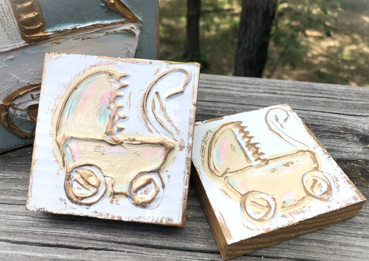 Coddiwomple - Baby Carriage handmade textured wood block: Cream background / Mini block (3x3)