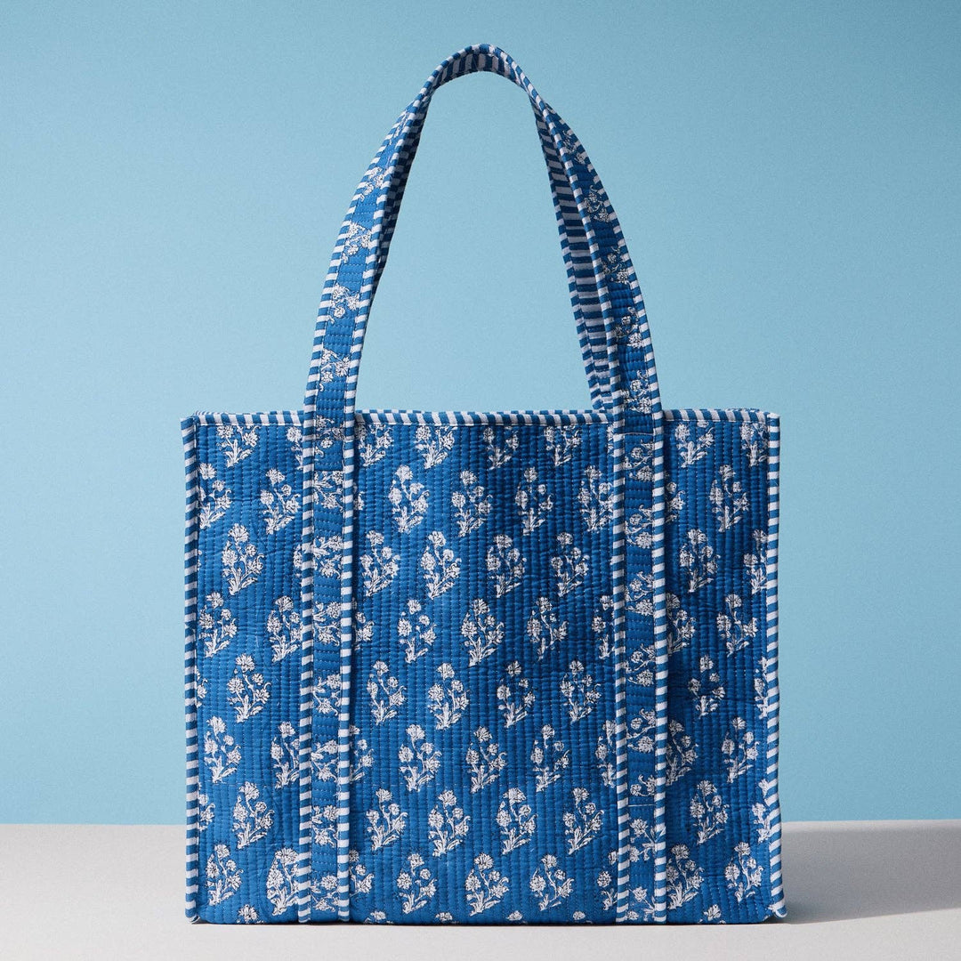 Frem - Blue Indian Quilted Tote Bag | Large Handmade Block Print Cotton Carryall: BL / ONE