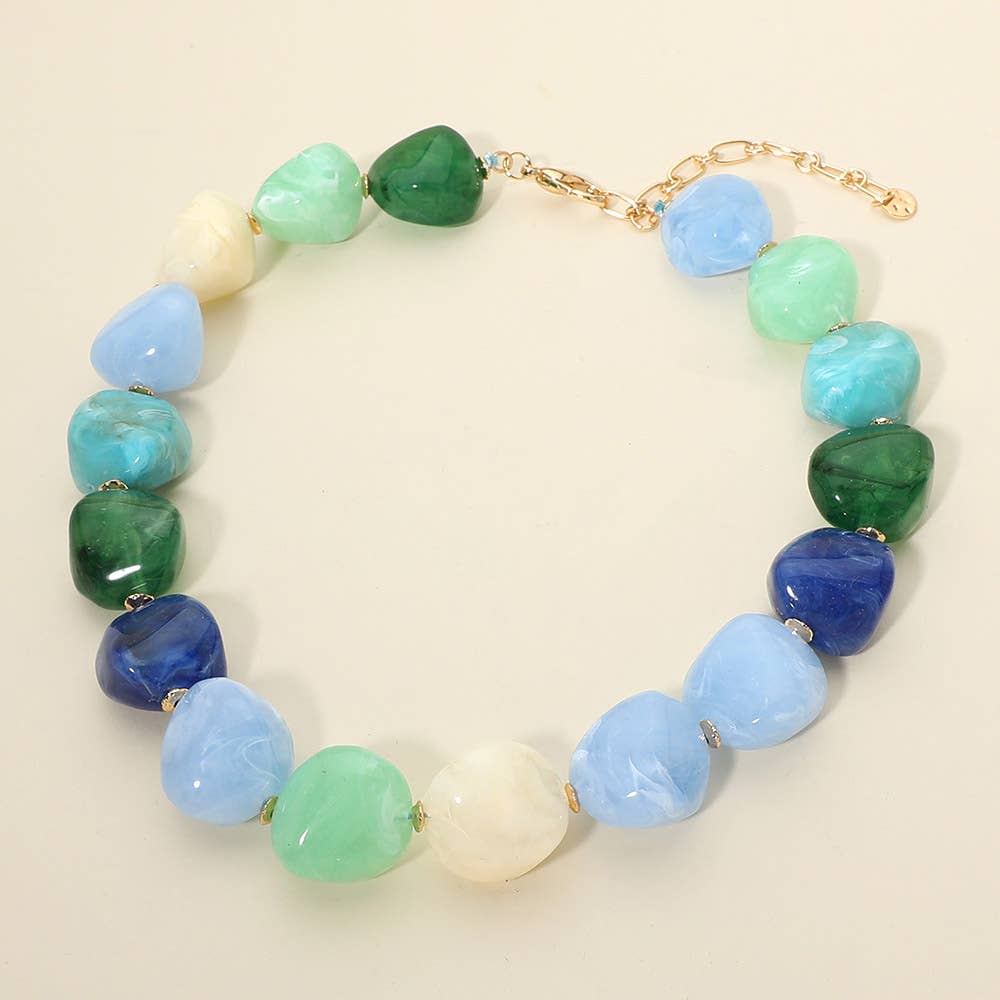 Sensibling Corp. - Chunky Marbled Resin Pebble Beaded Statement Necklace: Pink